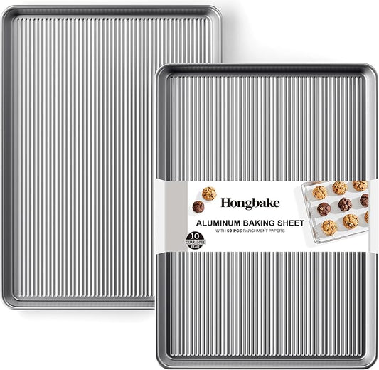 HONGBAKE Aluminum Cookie Sheets for Baking, 2-Pack Commercial Quality Half Sheet Pan, Baking Sheets Non Stick with 50 PCS Parchment Paper, 12.8 x 17.7 in, Silver