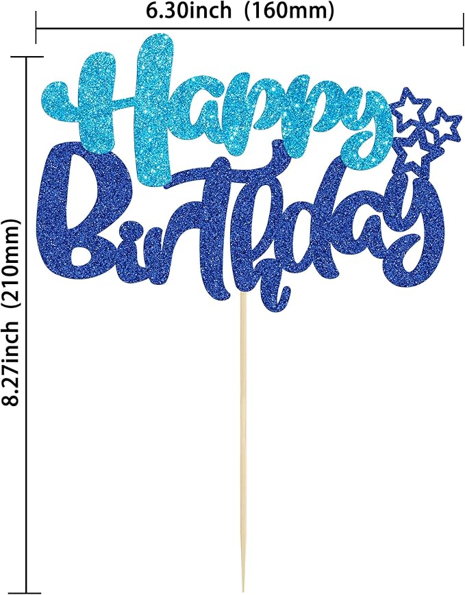 Ephlyn 1Pcs Happy Birthday Cake Topper Glitter Cake Pick for Celebrating Anniversary Theme Party Cake Decorations Supplies Blue