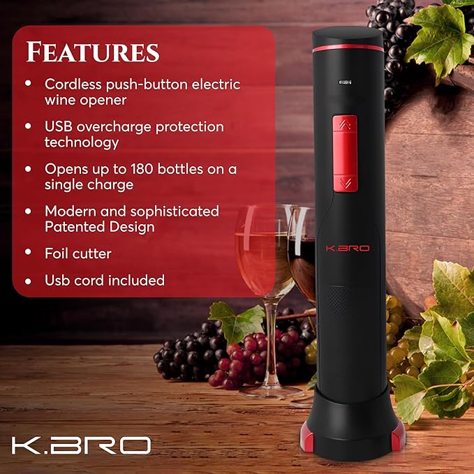 Rechargeable Electric Wine Opener | Electric Corkscrew Wine Bottle Opener With Foil Cutter | Gift for Wine Lovers (Black)