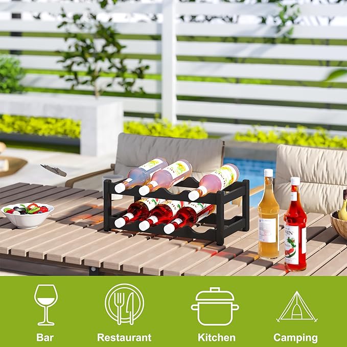 BMOSU Bamboo Wine Rack Wine Storage Cabinet Shelf 8 Bottle Wine Racks Countertop Sturdy for Kitchen Dining Room Pantry - 2 Tiers Wine Rack (Black)