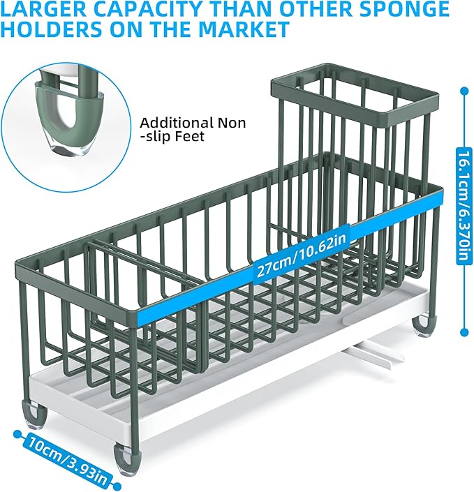 Moforoco Extra Large Sponge Holder for Kitchen Sink Organizer Caddy, Dish Brush Scrubber Holder,Stainless Steel Sink Box Utensil Holder,Soap Dispenser Set Tray Counter Accessories（Sage Green ）