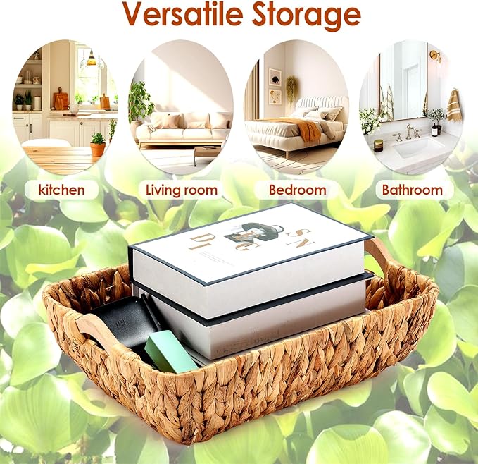 Wicker Baskets 2 Pack, Water Hyacinth Wicker Storage Basket with Wooden Handles, Hand-Woven Baskets for Storage, Natural