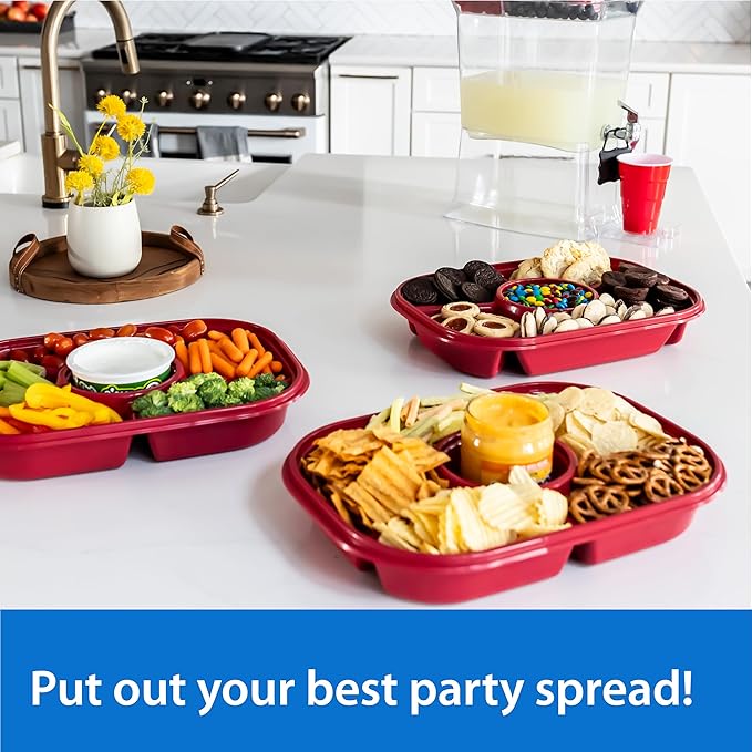 Buddeez Red Jumbo Divided Serving Tray - 6 Bins for Party Platter with Lid, Snackle Box Container, Appetizers, Desserts, Snacks & More