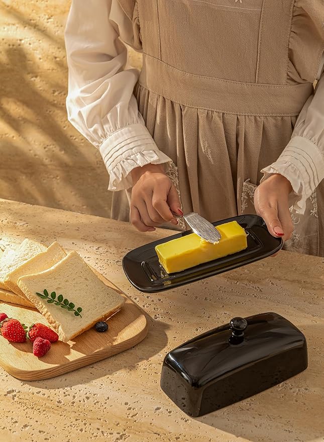 Sweese Butter Dish with Lid, Porcelain Butter Keeper, 7.8 Inch Butter Holder with Handle Cover, Butter Container Perfect for East West Coast Butter, Black