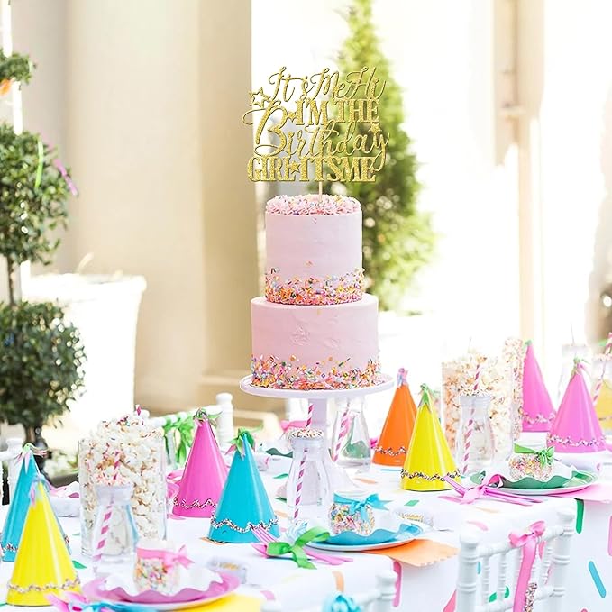 1 PCS It's Me Hi I'm the Birthday Girl It's Me Cake Topper Glitter Funny Girls Birthday Cake Pick for Hot Pop Music Singer Birthday Party Cake Decorations Supplies Gold