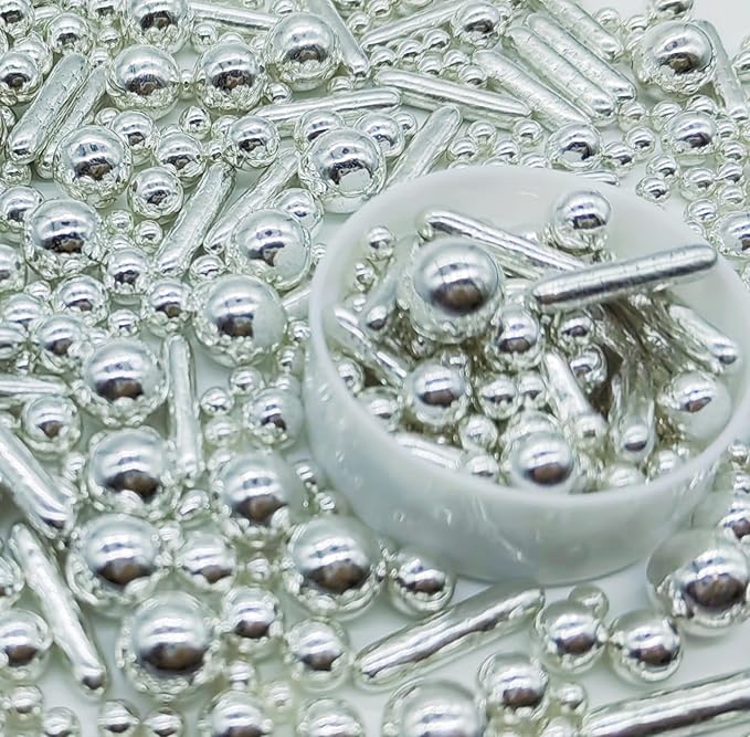 Silver Sprinkles Candy Mix Size Edible Pearls Cake Decorations Cupcake Toppers Cookie Decorating Perfect for Wedding Party Valentine Halloween Christmas Supplies 4.58OZ