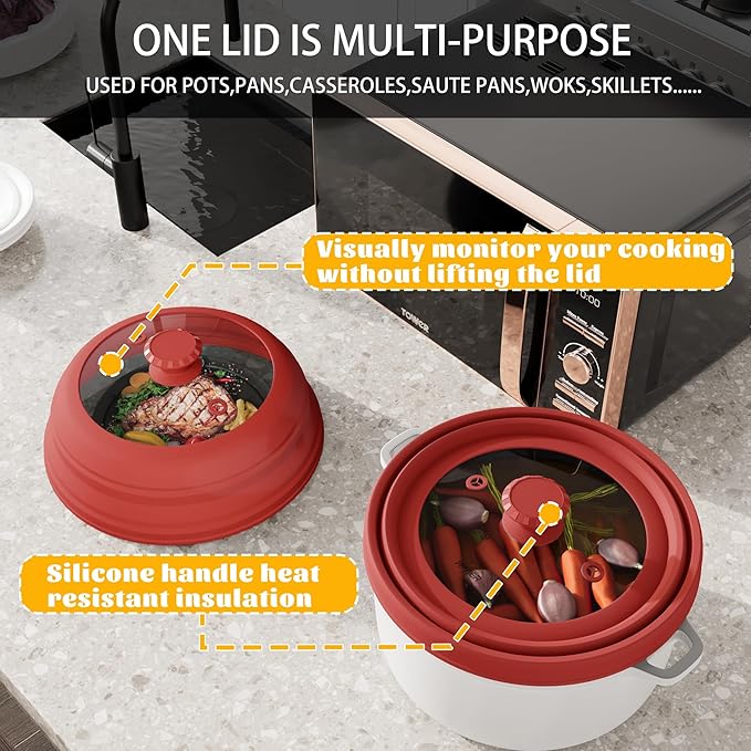 Collapsible Microwave Splatter Cover - Vented Silicone & Glass Lid with Easy-Grip Handle, Fits 6 to 8 Inch Plates & Bowls, 9 Inch Diameter, Prevents Splatters & Ensures Even Heating