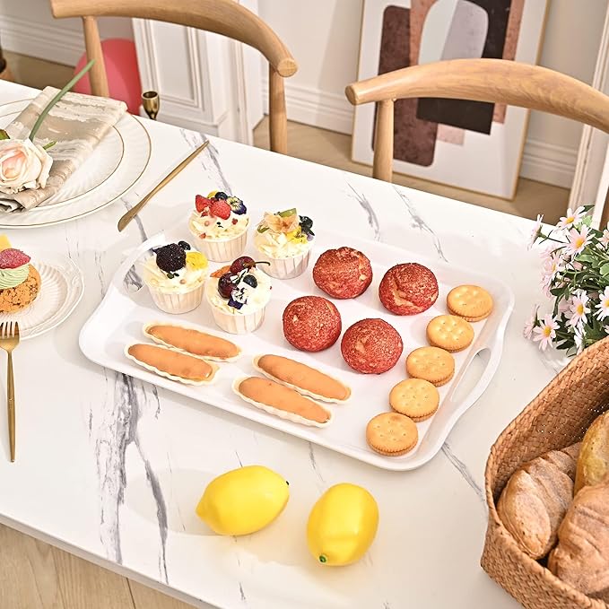 Blue Boat 16.5" x 11.5" Serving Trays Set of 4 White, Dinner Tray, Light Weight Easy to Clean Sturdy Stackable Melamine Serving Tray with Handle, Fruit, Snacks, and Desserts Trays