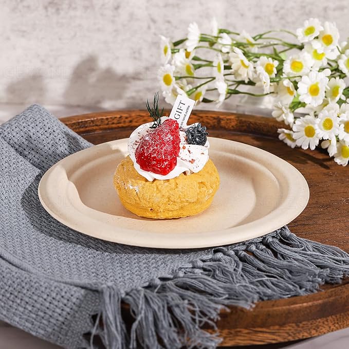 Gezond 100% Compostable Paper Plates 7 Inch, 150pcs Disposable Heavy-Duty Plates Unbleached Biodegradable Plate Made of Sugarcane Fiber