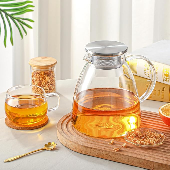 68OZ/2000ML One Touch Glass Teapot with Stainless Steel Filter Lid, Stovetop & Microwave Safe Tea Maker Water Kettle, Strainer & Cover 2 in 1 Loose Leaf Tea Steeper Pot Coffee Carafe