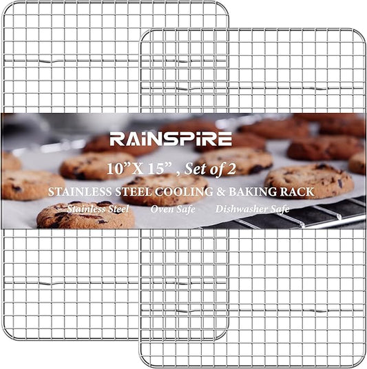Rainspire 2-Pack Cooling Rack 10" x 15" Stainless Steel Heavy Duty Cooling Racks for Cooking and Baking Oven Safe Wire Rack for Cooking Baking Rack for Oven Cooking Fits Jelly Roll Pan