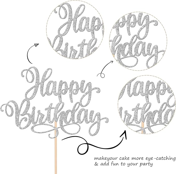ZHUOWEISM 1 PCS Happy Birthday Cake Topper Glitter Happy Birthday Cake Pick for Celebrating Happy Birthday Anniversary Party Cake Decorations Supplies Silver