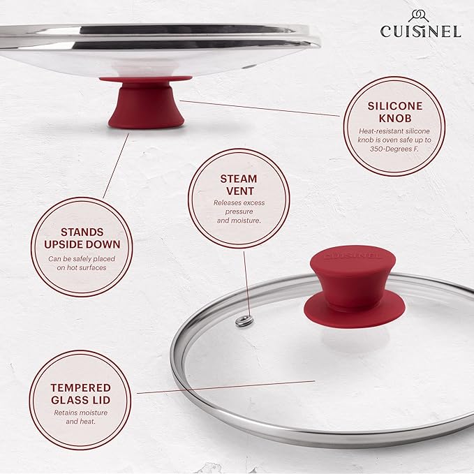 Glass Lid with Steam Vent Hole - 8"-Inch/20.32cm - Compatible with Lodge Cast Iron Skillet Pan - Fully Assembled Universal Replacement Cover - Tempered and Oven Safe - Reinforced Stainless Steel Rim