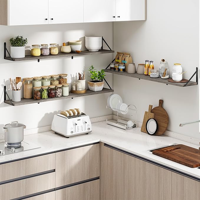 Heimlove 48 Inch Large Floating Bookshelves Set of 3,Wall Mounted Bookshelves,Heavy Duty Bracket Shelves for Living Room,Bedroom,Kitchen,Laundry Room Storage & Decor,Rustic Silver Grey