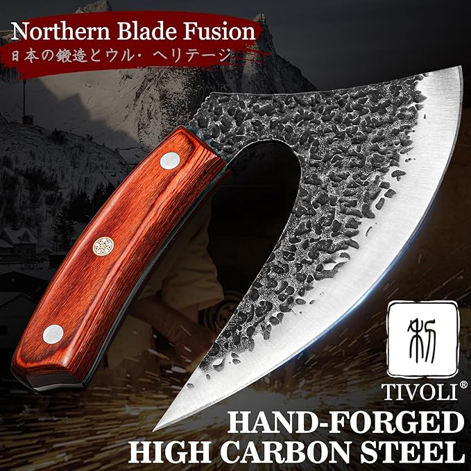 TIVOLI Ulu Knife with Sheath – Full Tang Rosewood Handle, Gift Box Included, Pizza Cutter & Viking Butcher Cleaver Knife for Meat and Herbs, Great for Outdoor Cooking and Unique Japanese Gifts for Men