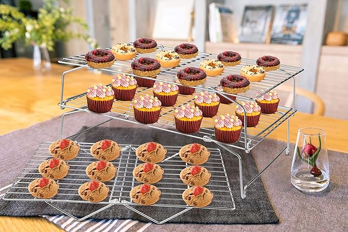 P&P CHEF 3-Tier Cooling Rack Set, Stackable Stainless Steel Baking Cooling Roasting Cooking Racks for Cake, Pastry, Bread, Meat, Bacon, Collapsible & Thick Wire, Oven Safe, 15" x10", Silver