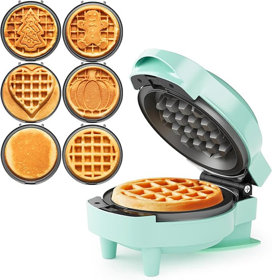 Sunvivi 4" Mini Waffle Maker: 6 in 1 Waffle Iron, Waffle Maker with Removable Plates 6pc, non-stick plates easy to clean, Mini Pancake Maker for Kids, Chaffle maker, Pizzelle iron