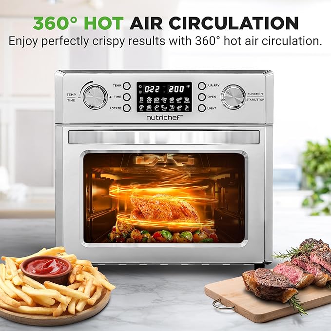 NutriChef 26L Electric Air Fryer Oven | 1700W Countertop Rotisserie & Air Fryer | 360° Rotating Feature | 10 Digital Menu Presets | Includes Drip Tray, Air Frying Basket & Bake Rack 15x16x14 (Silver)