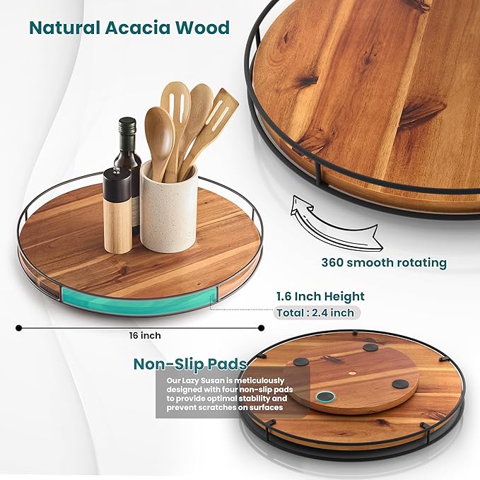 16" Acacia Wood Lazy Susan Turntable with Metal Frame - Large Lazy Susans Organizer Countertop Storage - Wooden Serving Tray for Charcuterie Cheese Board - Kitchen Counter Rotating