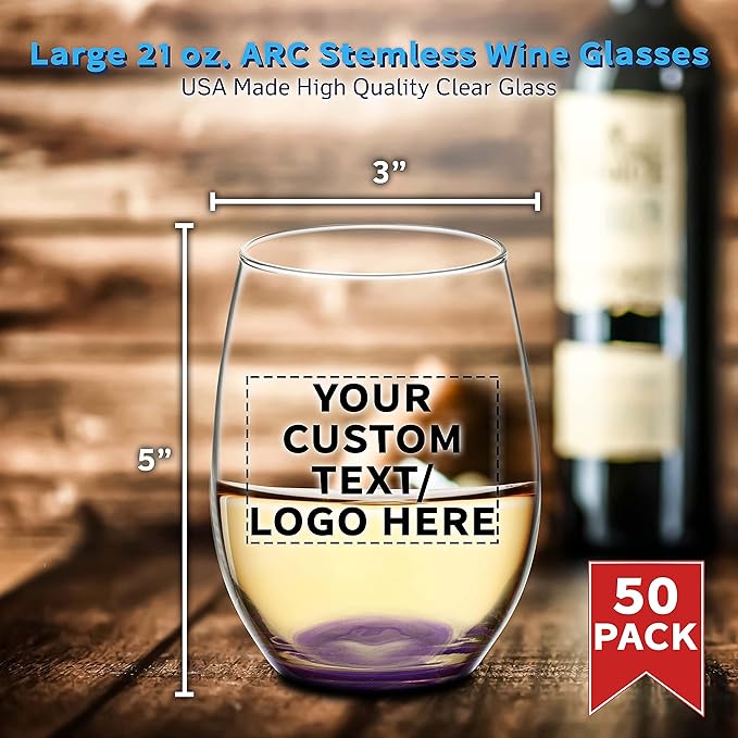 DISCOUNT PROMOS 50 ARC Stemless Wine Glasses Set, 21 oz. - Customizable Text, Logo - Chardonnay, Cabernet, Merlot, Sauvignon - Purple