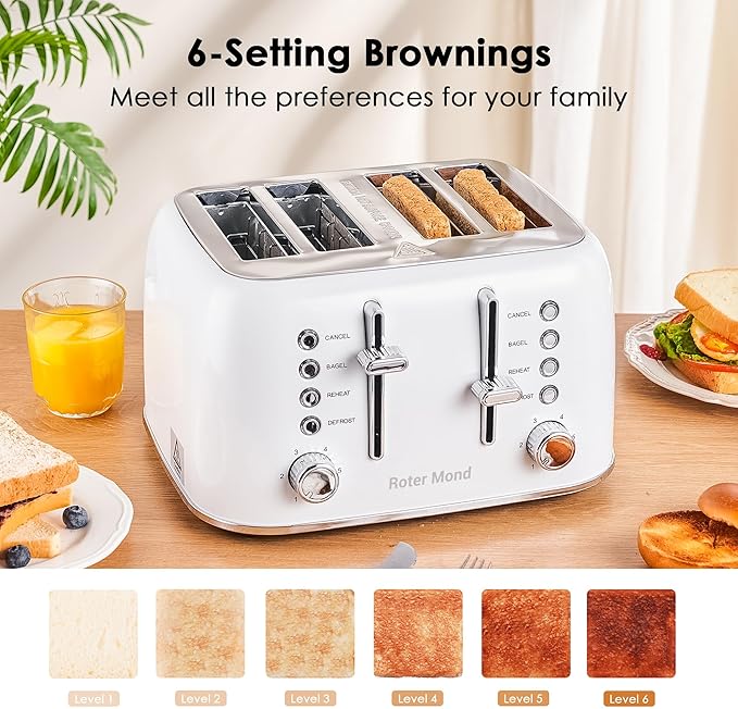 Toaster 4 Slice Retro Stainless Steel with Extra Wide Slots Bagel, Defrost, Reheat Function, Dual Independent Control Panel, Removable Crumb Tray, 6 Browning Levels, White