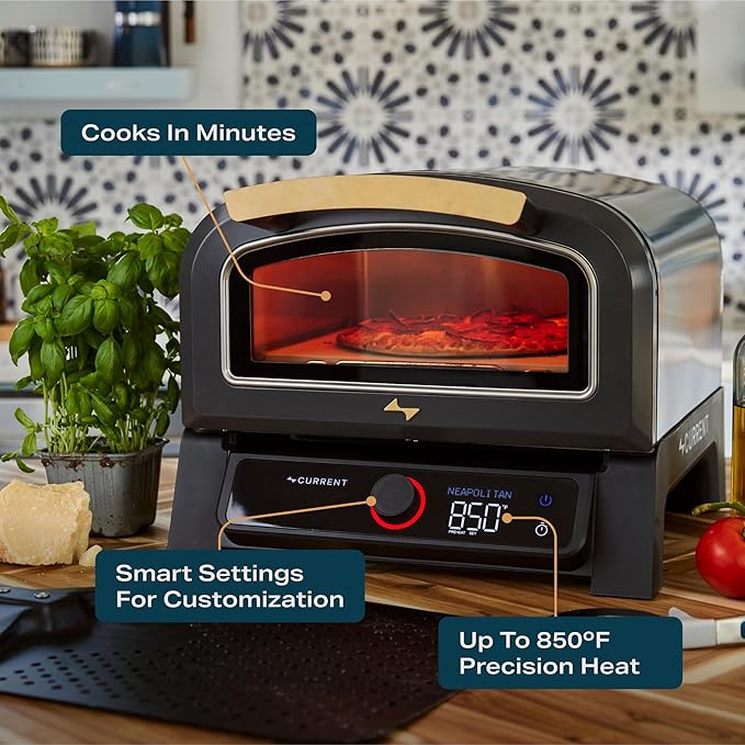 Current® Model P Smart Electric Pizza Oven, 12-Inch, 850°F Max, 5 Cooking Modes, App Connectivity for Temperature Monitoring & Custom Cooking Times, Compact for Indoor & Outdoor Use, Beige