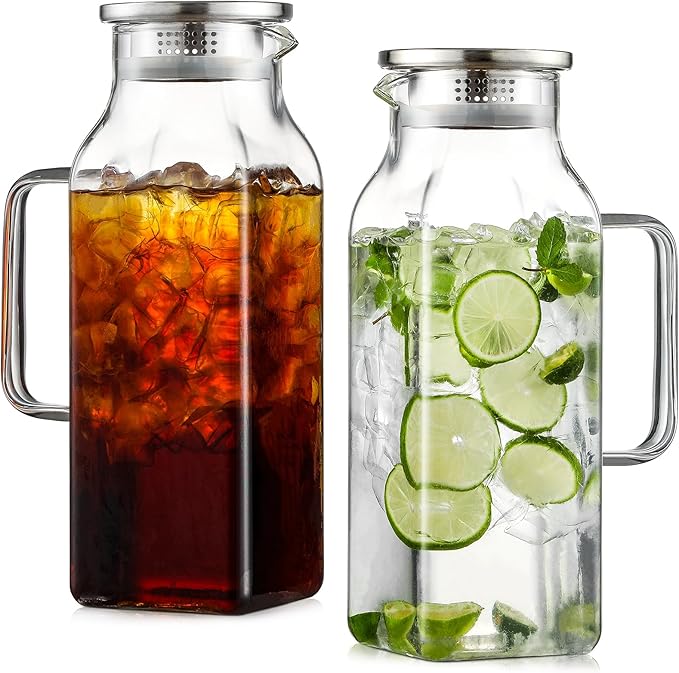 Netany 2 Pack 2 Liters/68 oz Square Glass Pitcher with Lid and Handle for Fridge, Iced Tea and Coffee Carafe Beverage Serveware, Heat Resistant Borosilicate Water Jug for Hot/Cold Drinks and Milk