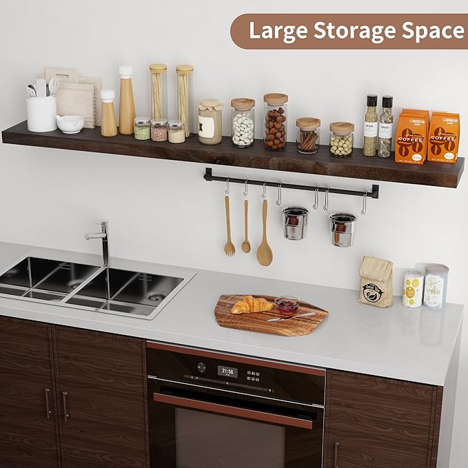 Axeman Floating Shelves for Wall, Rustic Elm Wood 72'' W x 8" D Wall Mantel Shelf with Invisible Bracket, Large Long Wall Mounted Storage Shelves for Living Room, Bedroom, Kitchen, Bathroom, Walnut