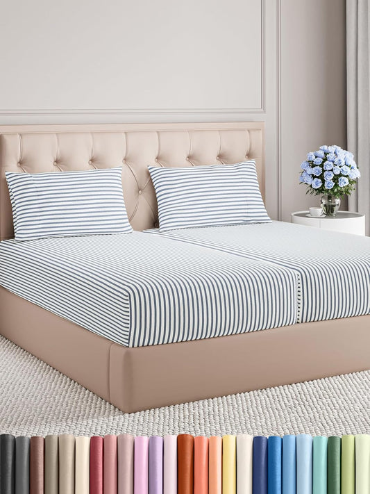 Split King Size 5 Piece Sheet Set - Comfy Breathable & Cooling Bed Sheets Set - Hotel Luxury Bedding for Women, Men, Kids, Teens, Boys & Girls - Deep Pockets & Wrinkle Free - Oeko-Tex - Blue Stripes 2
