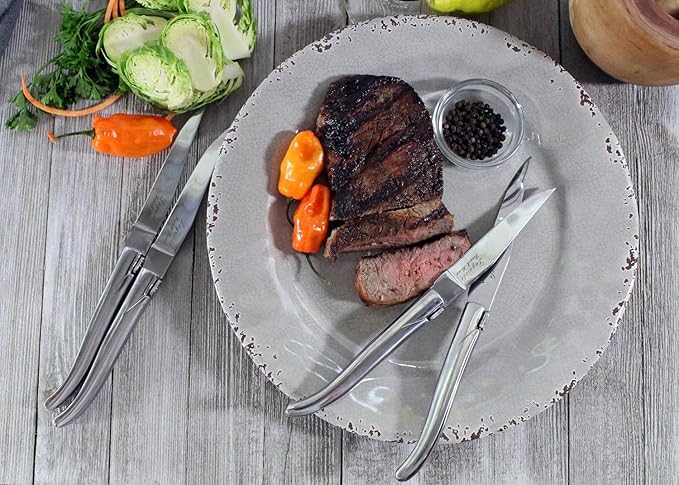 French Home Laguiole Connoisseur 4-Piece Steak Knives – Stainless Steel Dinner Knives with Etched Detailing & Napoleon Bee Emblem Packed in an Elegant Box (9")