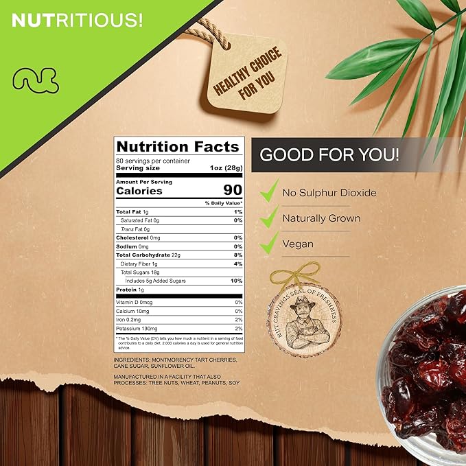NUT CRAVINGS - Sun Dried Sour Tart Cherries, Lightly Sweetened (80oz, 5 LB) Bulk Dry Fruits Packed Fresh in Resealable Bag - Sweet Healthy Snack, Naturally Grown, Vegan, Kosher