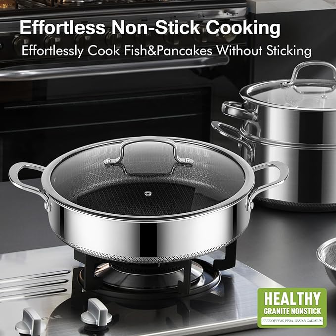 Saute Pan,Stainless Steel Frying Pan, 12 inch 5.5 QT Tri-play Nonstick Non-toxic Deep Frying Pan with Tempered Glass Lid, Stay-Cool Handles Induction, Oven, Dishwasher