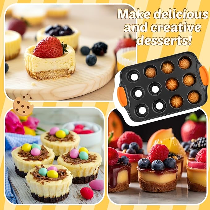Uiifan 3 Pack Mini Cheesecake Pans Removable Bottom 12 Cavity Mini Cupcake Pan with Silicone Handle Nonslip Anti Heat Nonstick Carbon Steel Muffin Mold 13" x 8" Baking Molds(Orange)