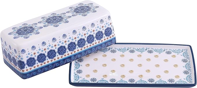 Bico Blue Talavera Ceramic Butter Dish with Lid, Wide Butter Keeper for Counter, Kitchen Countertop, Microwave and Dishwasher Safe