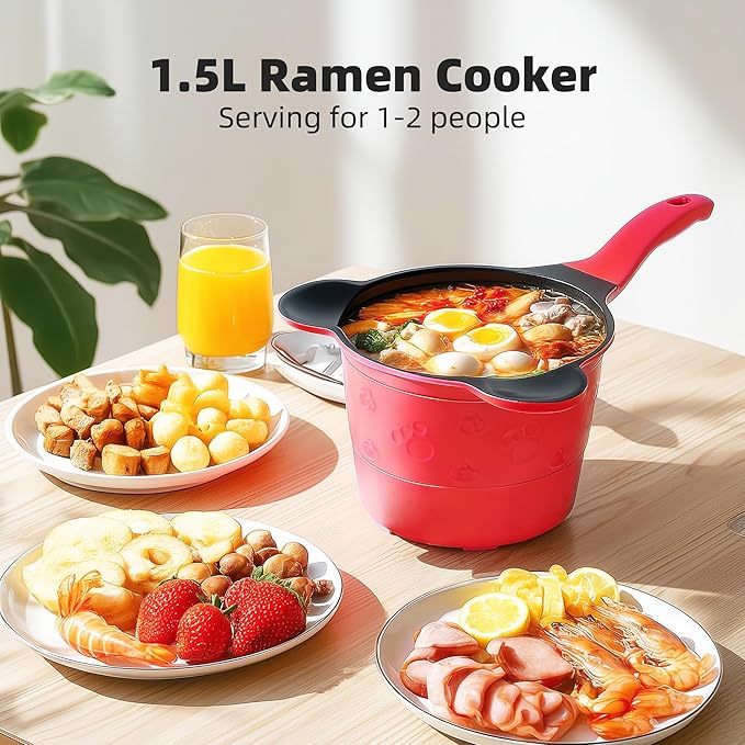 Electric Hot Pot 1.5L, Portable Mini Cooker for Ramen, Soup, Noodles & More – Fast Heating, Adjustable Temp, Non-Stick Pot, Auto Shutoff – Ideal for Dorms, Office, Travel
