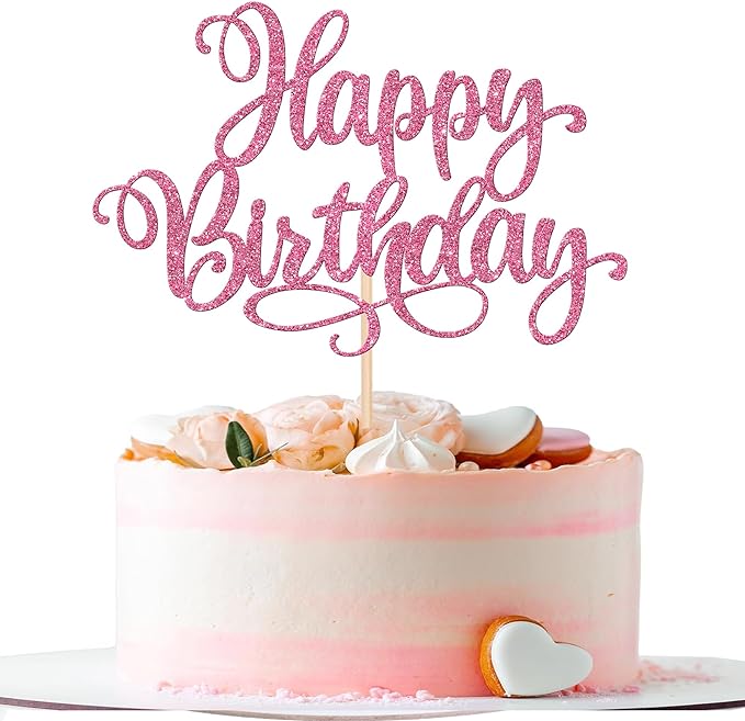 ZHUOWEISM 1 PCS Happy Birthday Cake Topper Glitter Happy Birthday Cake Pick for Celebrating Happy Birthday Anniversary Party Cake Decorations Supplies Pink