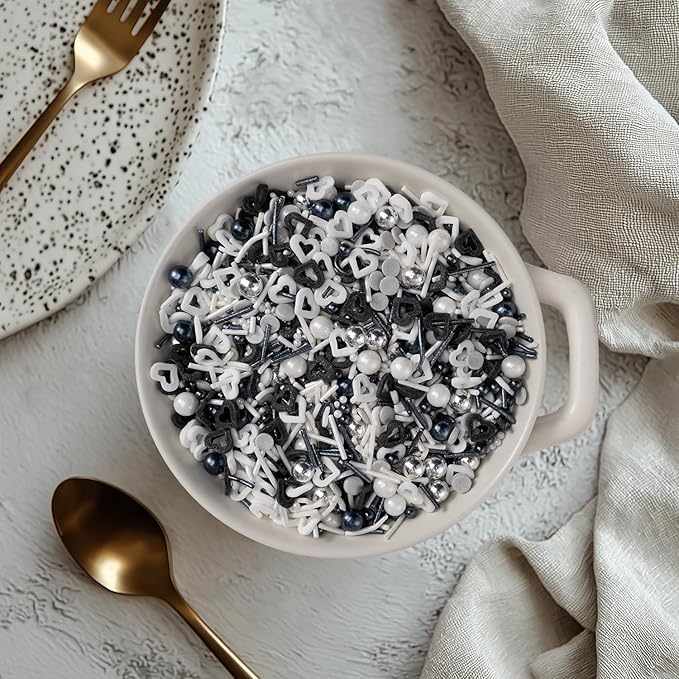 Black and White Heart Sprinkles for Cake Decorating 4.23ounce - Sugar Mix Contains Heart & Silver Pearl Sprinkles for Cupcake Toppers, Ice Cream, Candy, Cookie Decorations - Holiday Party Supplies