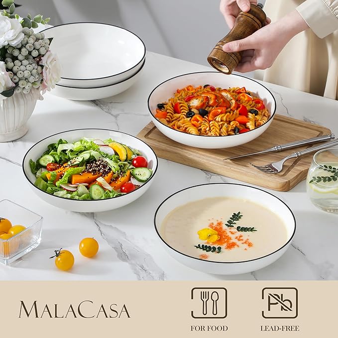 MALACASA 8.85" Large Pasta Bowls, 42 OZ White Salad Bowls Soup Bowls, Porcelain Serving Bowls Set of 6, Ivory White with Black Rim, Microwave & Dishwasher Safe, Series REGULAR