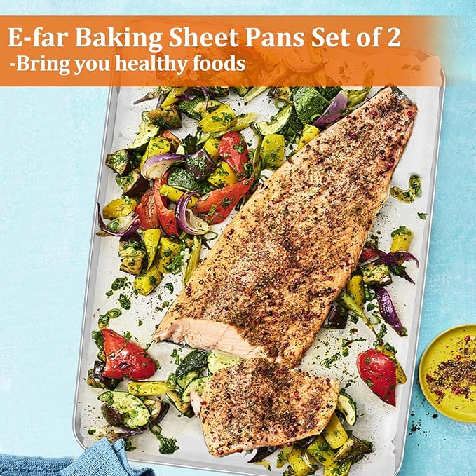 Large Baking Sheet, E-far 18”x13” Stainless Steel Cookie Sheet Pan for Oven with 50 Parchment Paper, Rectangle Metal Baking Tray for Roasting, Rust Free & Heavy Duty, Dishwasher Safe-2 Pack