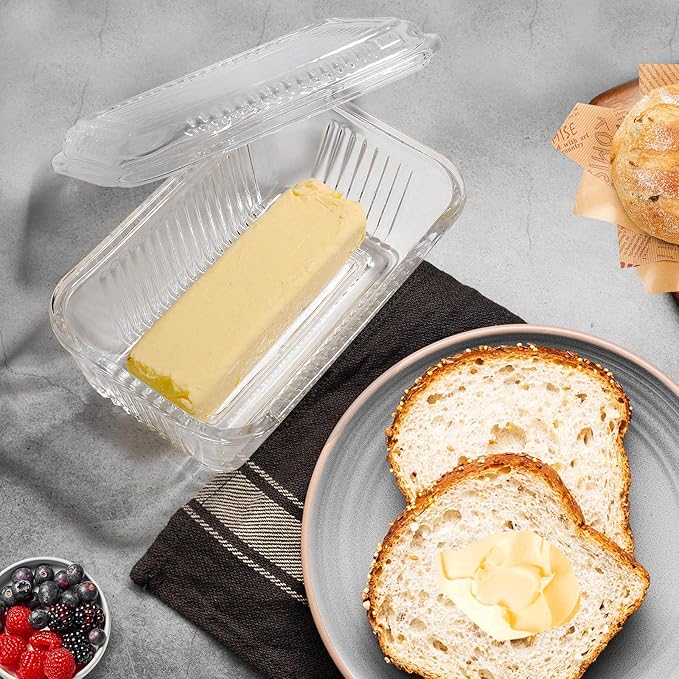 Wide Glass Butter Dish with Two Stick Butter for Countertop,Crystal Butter Container with Cover for Counter,Butter Tray Holder for Refrigerator,Large Glass Butter Keeper