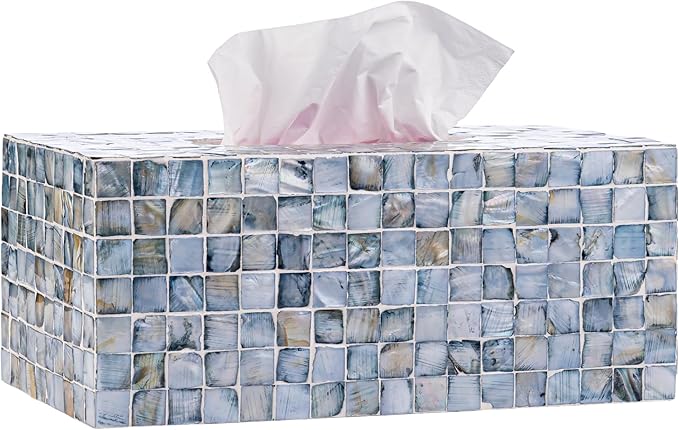 PEMAR Rectangular Mother of Pearl Tissue Box Capiz Shell Handmade Rectangle Tissue Box Cover Holder Decorative Napkin Dispenser Organizer Rustic Farmhouse Vintage Decor (Blue)