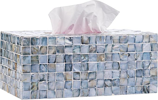 PEMAR Rectangular Mother of Pearl Tissue Box Capiz Shell Handmade Rectangle Tissue Box Cover Holder Decorative Napkin Dispenser Organizer Rustic Farmhouse Vintage Decor (Blue)
