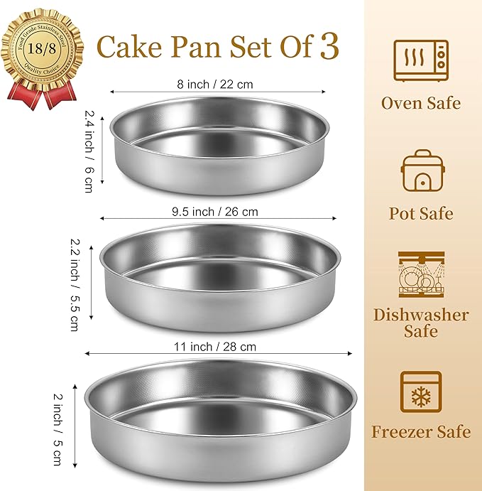 Inqibee Cake Pan Set of 3,18/8 Stainless Steel Round Cake Baking Pans,8-9.5-11 Inch,Physics Anti-Stick and Scratch,Non-Toxic and Easy Clean
