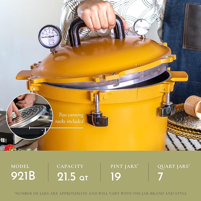 All American 1930-21.5qt Pressure Cooker/Canner (The 921), Mustard - Exclusive Metal-to-Metal Sealing System - Suitable for Gas, Electric, or Flat Top Stoves - Made in the USA