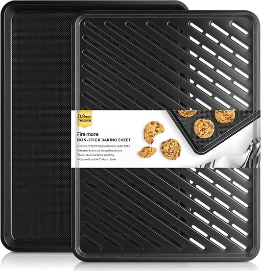 Cookie Sheet for Baking with Wire Rack, Thicker Carbon Steel Half Baking Sheet Pan Set Non Stick, Cooling Rack for Cooking and Baking, 17.5 x 13 Inch Ceramic Cookie Tray