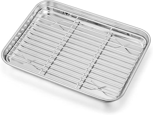 Homikit Baking Sheet with Wire Rack, 9 x 7 Inch Stainless Steel Cookie Sheets for Baking, Small Baking Pan with Cooling Rack, Nonstick Metal Mini Toaster Oven Bacon Tray, Rust Free & Dishwasher Safe