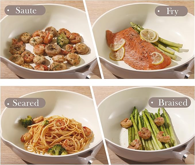 CAROTE 10" Ceramic Saute Pan wilt Lid, Non Stick Frying Pan Skillet Chef's Pan, Healthy & PFOA/PFAS Free, Induction-Compatible, Taupe