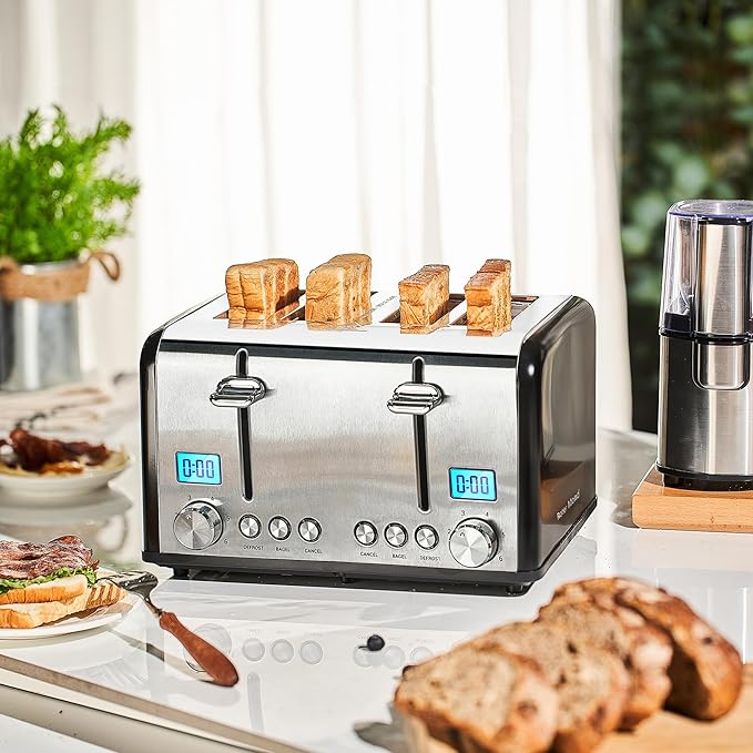 Countdown Stainless Steel 4 Slice Toaster with Bagel, Defrost, Cancel Function, Dual Toaster, Extra Wide Slots, 6 Shade Settings, Removable Crumb Trays, 1650W, Black