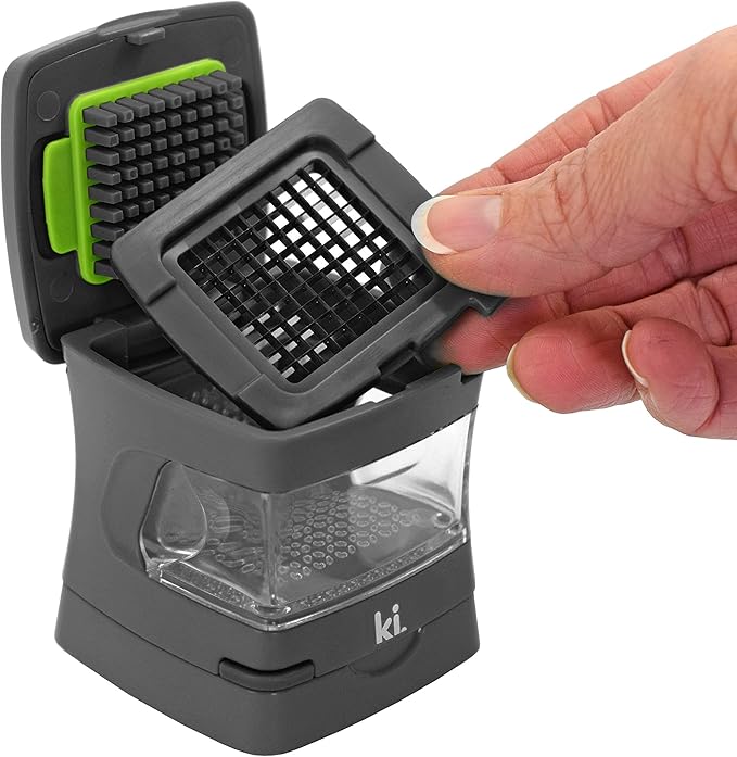 Garlic-A-Peel Garlic Press, Crusher, Cutter, Mincer, and Storage Container - Includes Silicone Garlic Peeler - Easy to Clean - Stainless Steel Blades – (Grey), standard