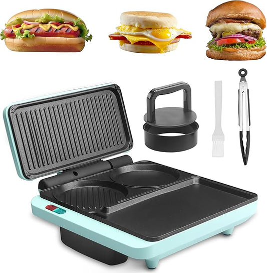 Baker's Friend Breakfast Sandwich Maker, Nonstick Electric Griddle & Grill Combo, 3 in 1 Breakfast Station, Make Egg Muffin Sandwiches Burgers Hot dogs & Pancakes, Includes Burger Press, Tong & Brush